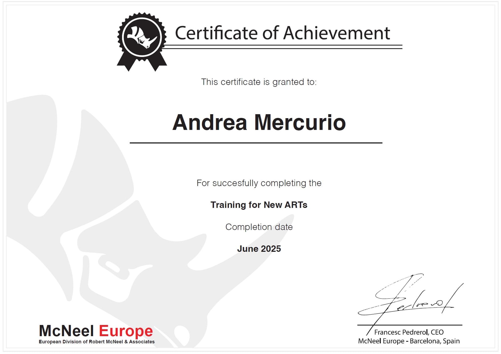Certificato Authorized Rhino Trainer rilasciato da McNeel Europe ad Andrea Mercurio
