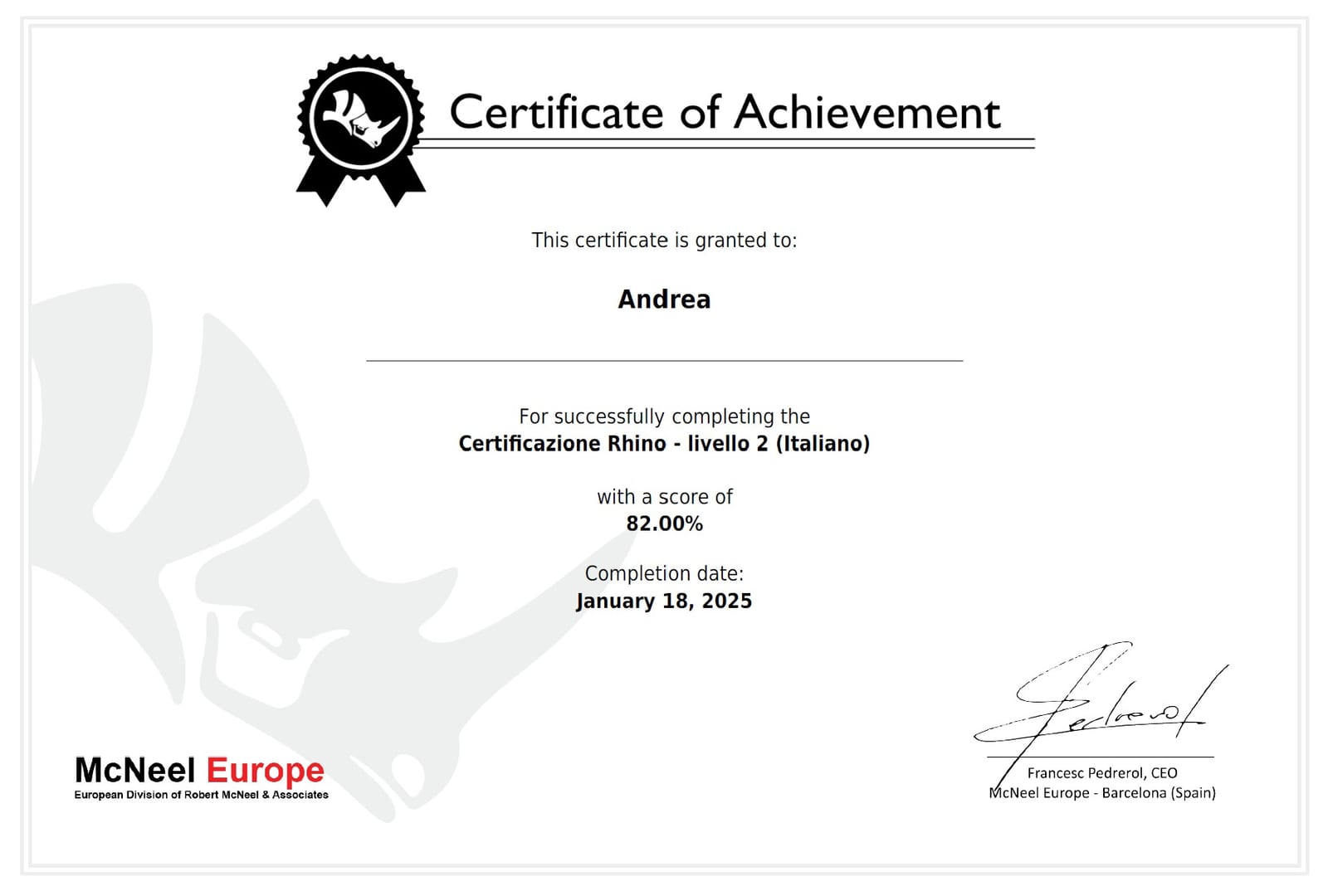 Certificazione Rhino livello 2 di Andrea Mercurio, McNeel Europe