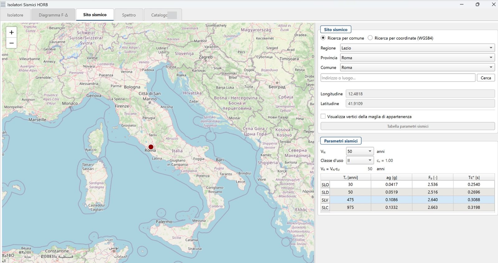 Selezione del sito sismico tramite mappa interattiva, per comune o coordinate