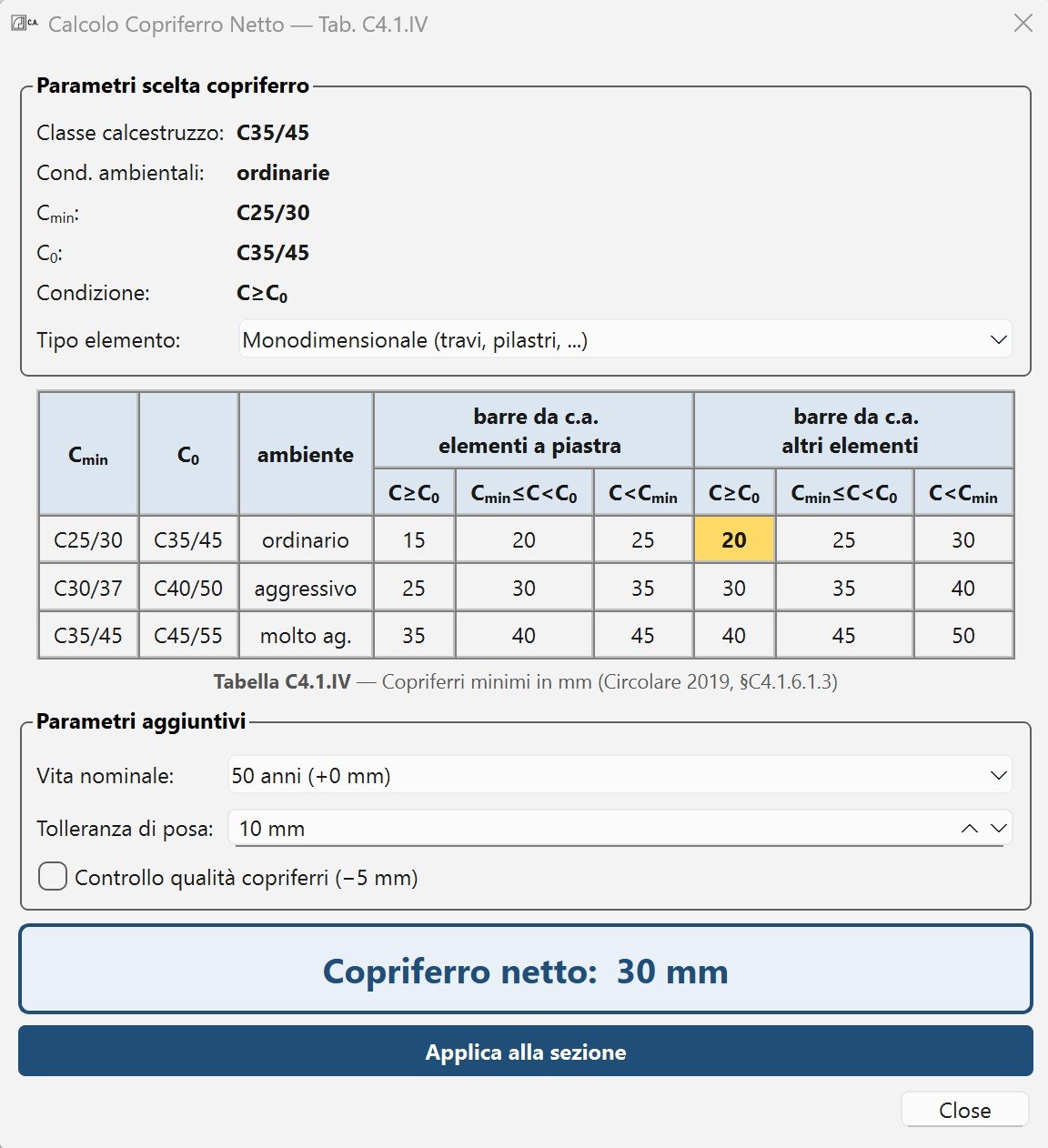 Calcolo del copriferro netto secondo la Tabella C4.1.IV della Circolare 2019