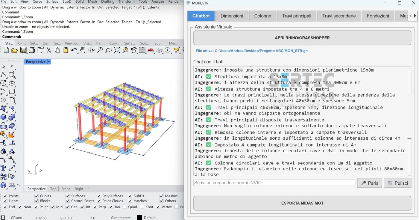 Interfaccia del software con chatbot AI e modello 3D in Rhino