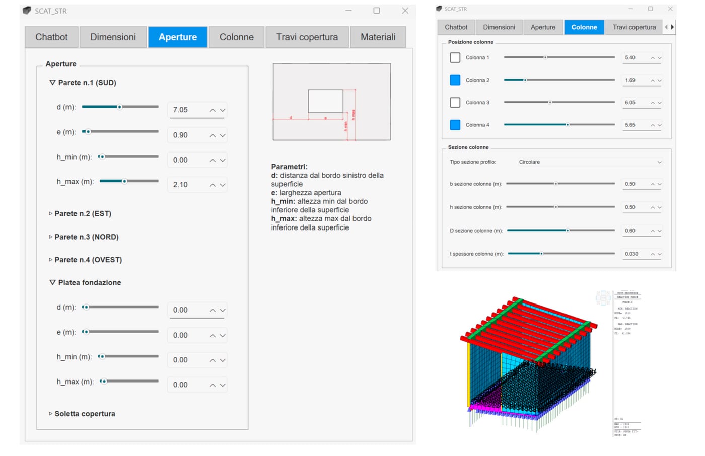 Interfaccia del software: parametri e modello FEM per strutture scatolari